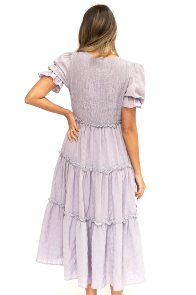 Lavender dress with a smocked bodice