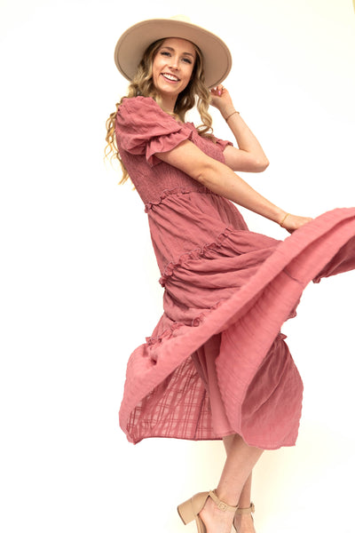 Short sleeve rose dress with smocked bodice and tiered skirt