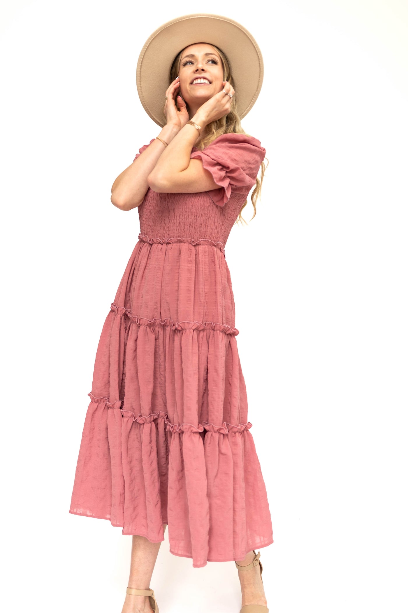 Short sleeve rose dress with smocked bodice