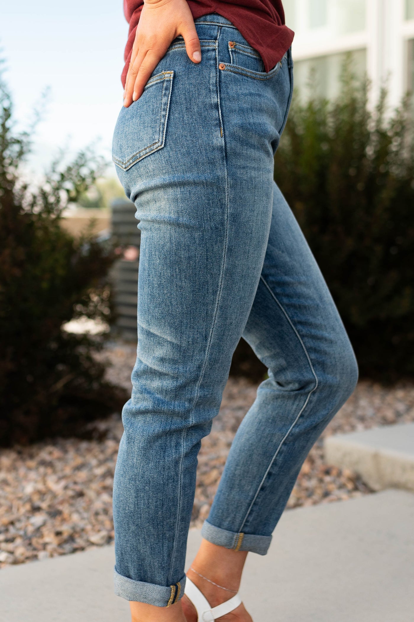 Side view of medium girlfriend jeans