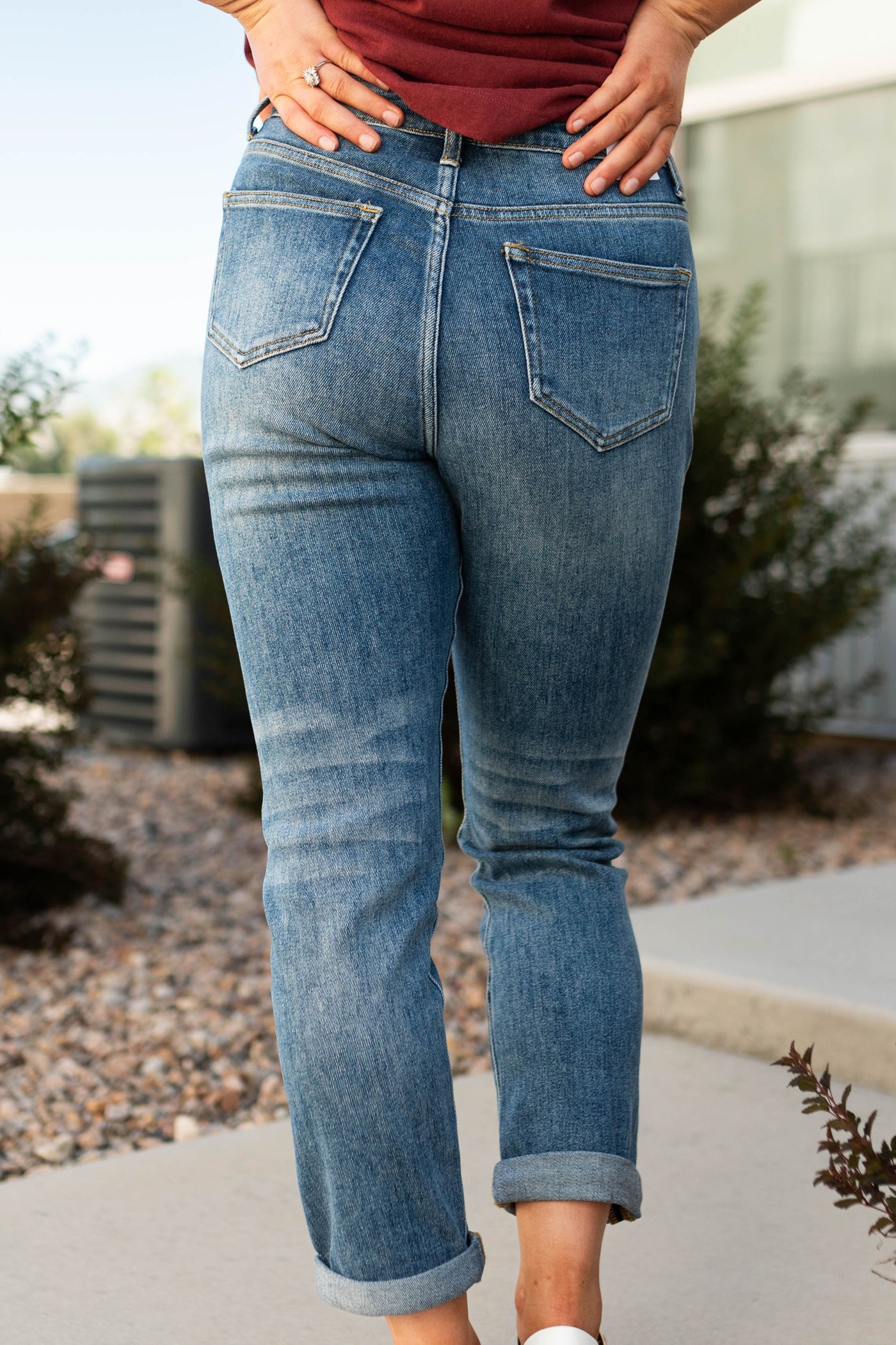 Back view of medium was girlfriend jeans