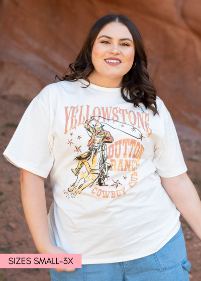 Close up of a plus size Yellowstone white tee
