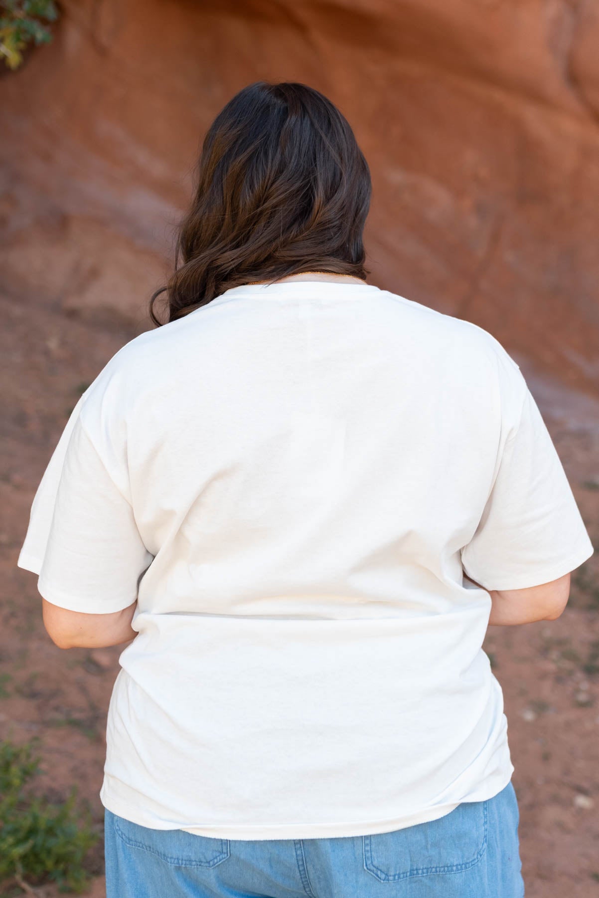 Back view of a plus size Yellowstone white tee