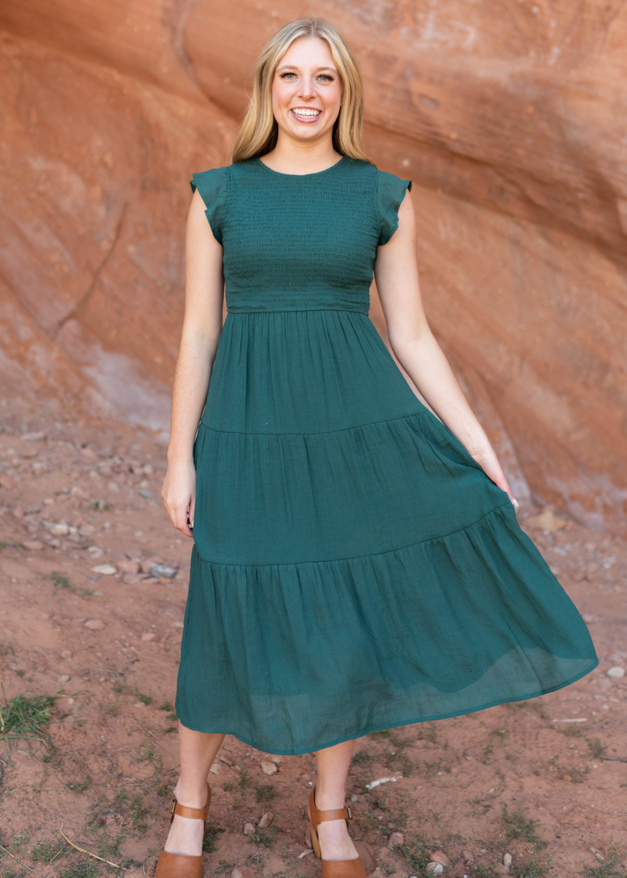 Hunter green dress with tiered skirt