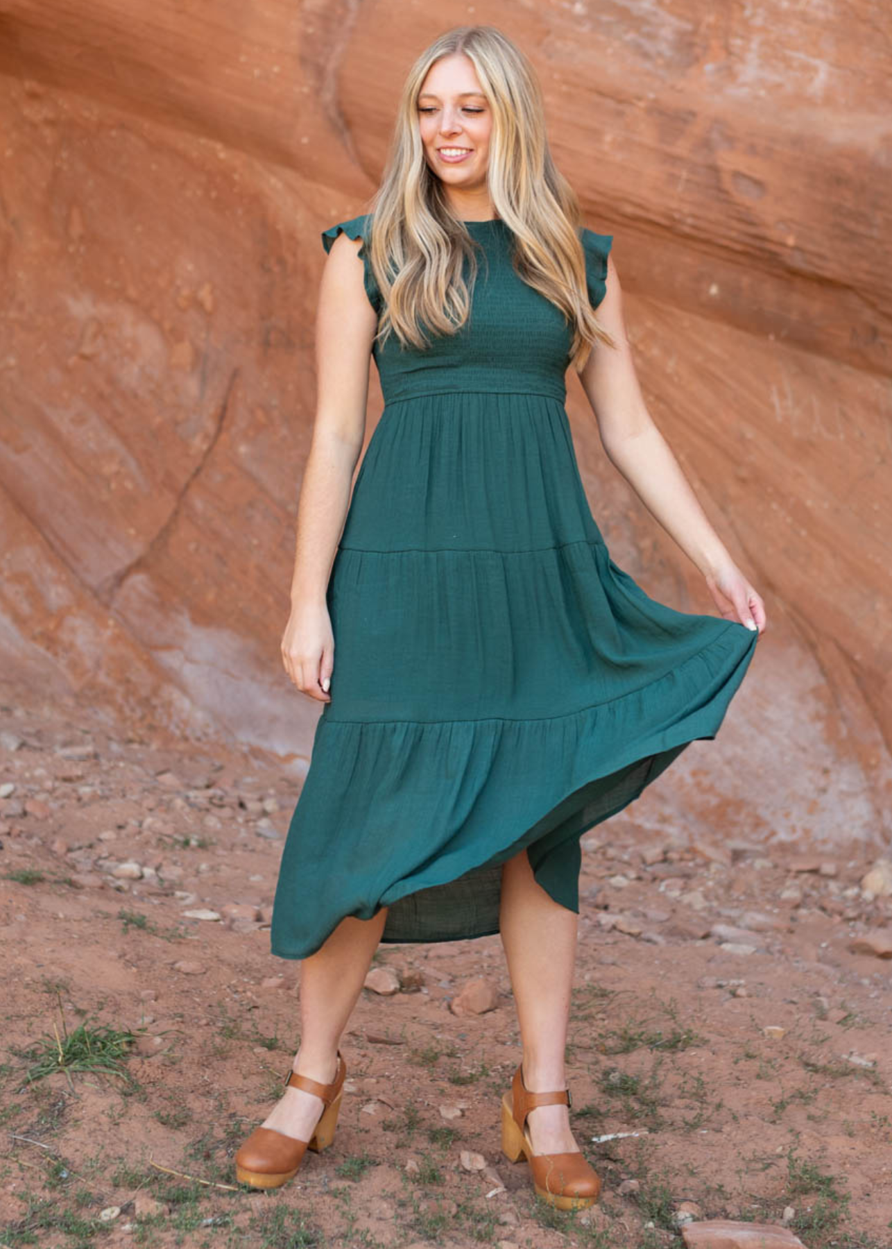 Hunter green dress with smocked bodice
