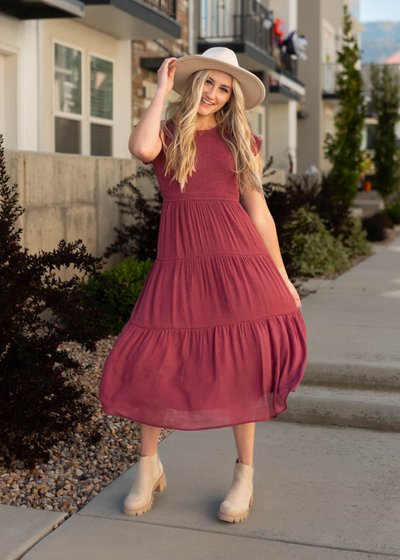 Cap sleeve tiered raspberry dress