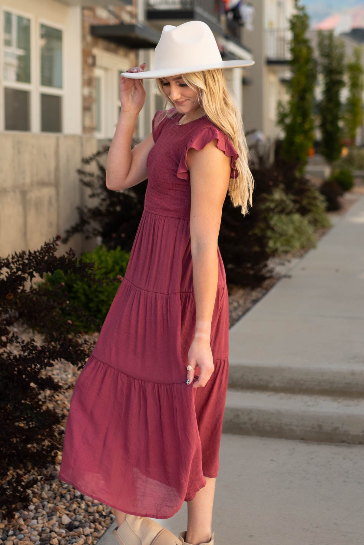 Side view of the raspberry dress