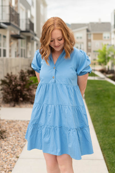 Short sleeve blue dress with collar