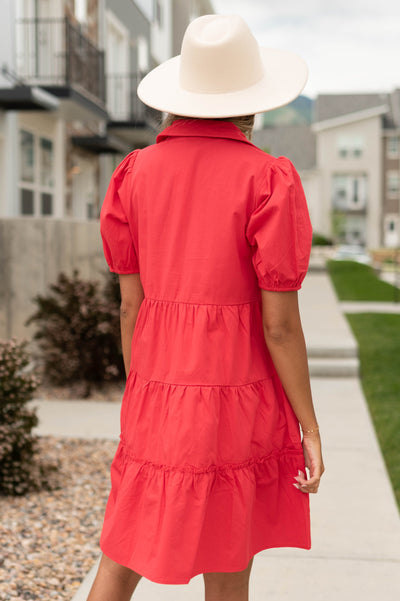 Back view of a short sleeve red dress