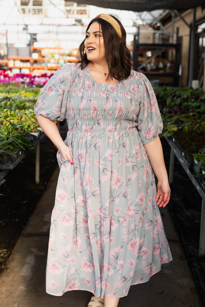 Plus size sage grey watercolor floral dress with pockets and smocked bodice