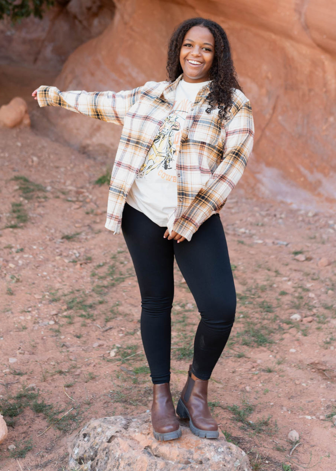 Button up long sleeve saffron plaid top