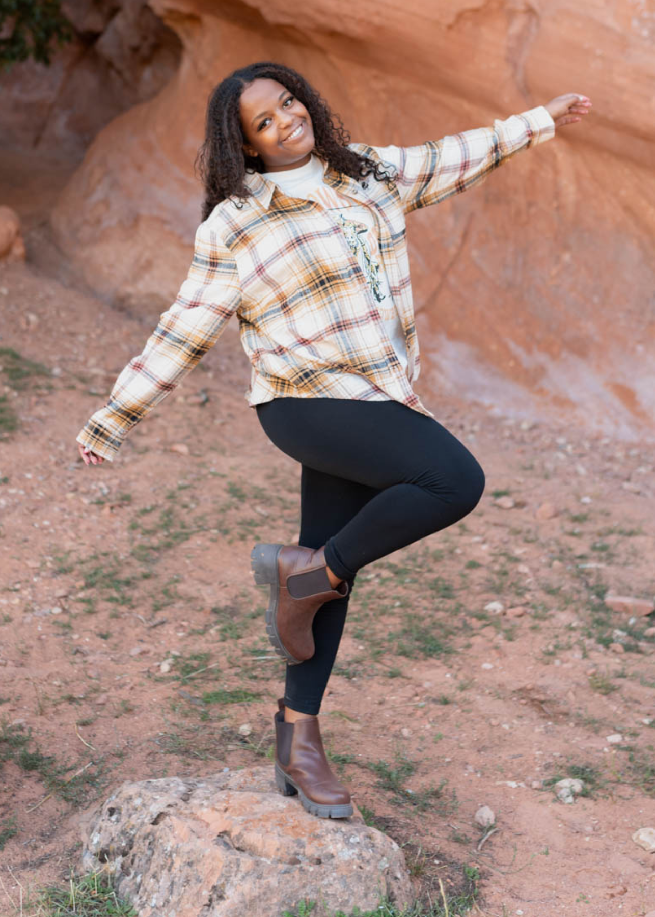 Long sleeve saffron plaid top