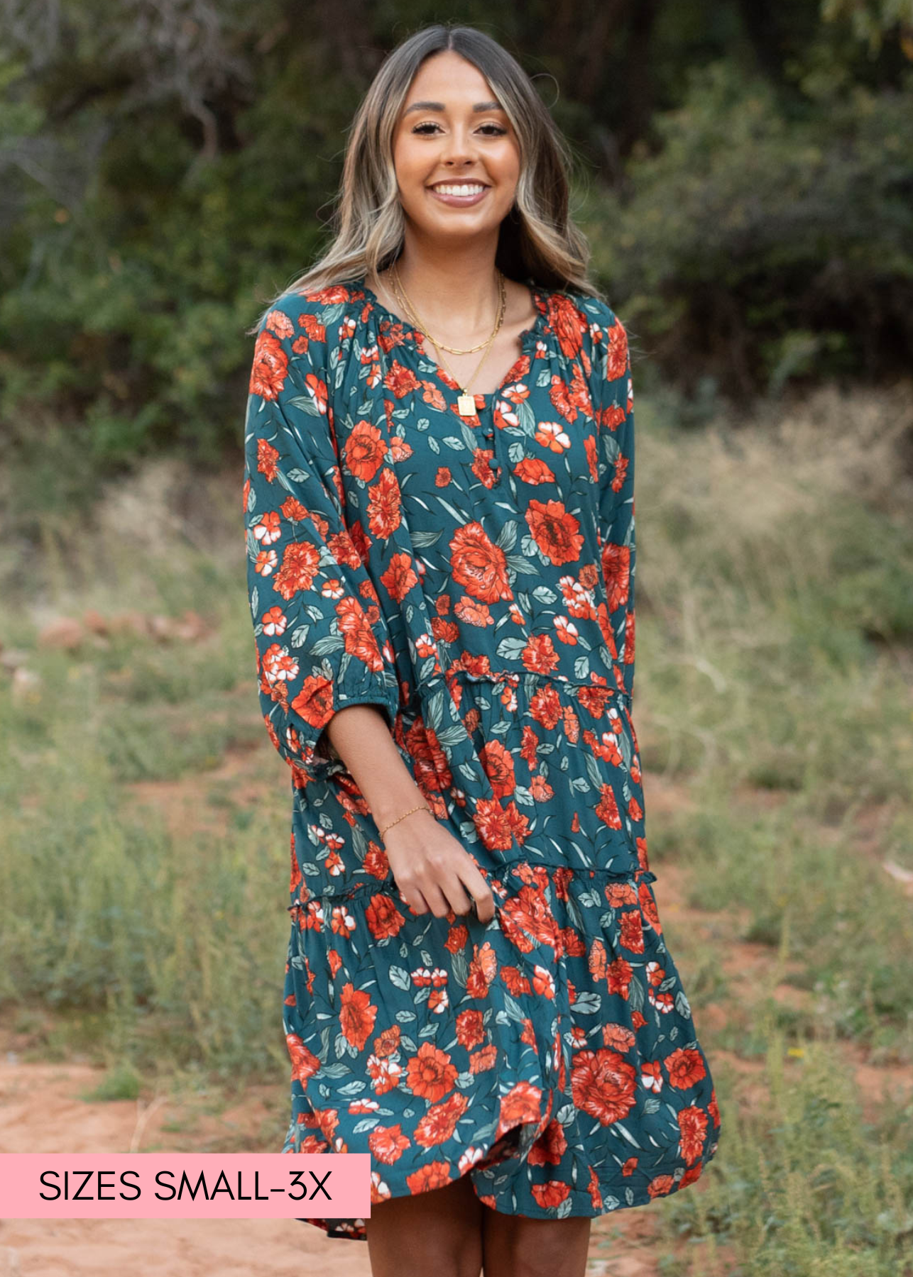 Teal floral dress with 3/4 sleeves