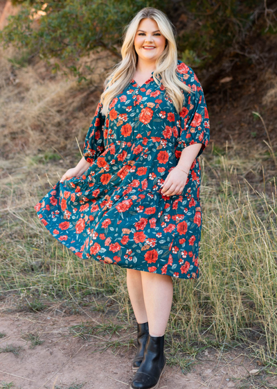 Plus size teal floral dress with 3/4 sleeves
