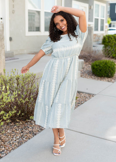 LIght blue embroidered dress with elastic waist