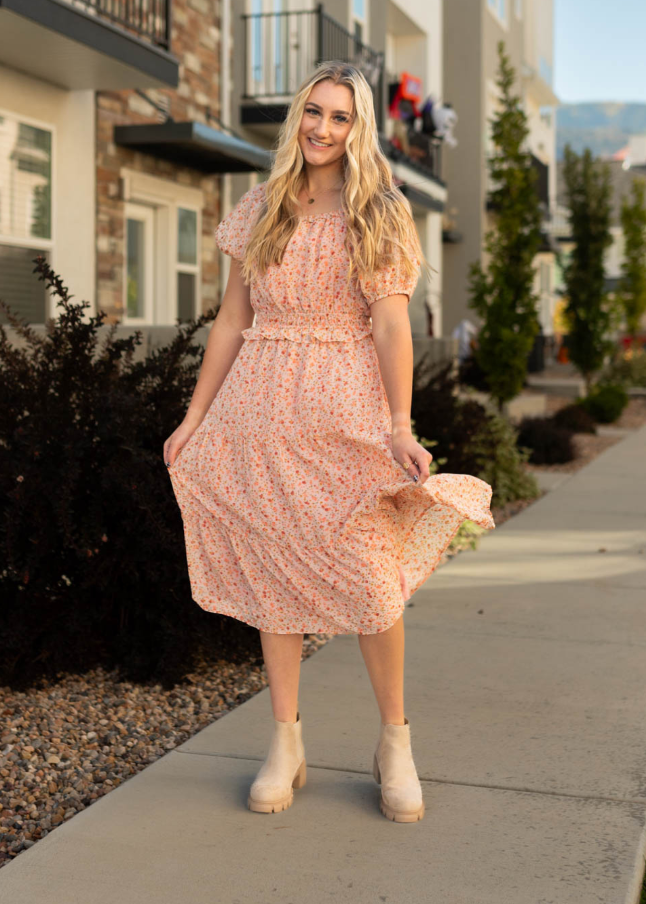 Short sleeve salmon floral dress