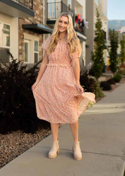 Short sleeve salmon floral dress