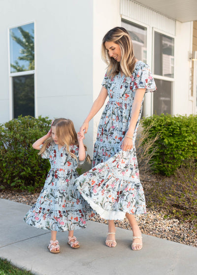 Blue floral tiered little girl dress