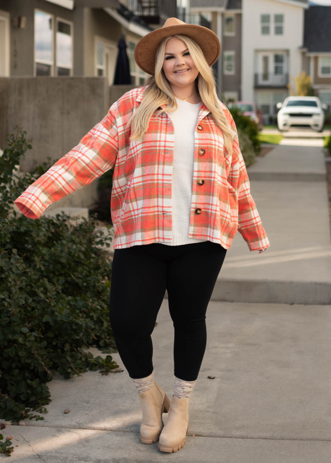 Button up long sleeve plus size coral plaid shacket