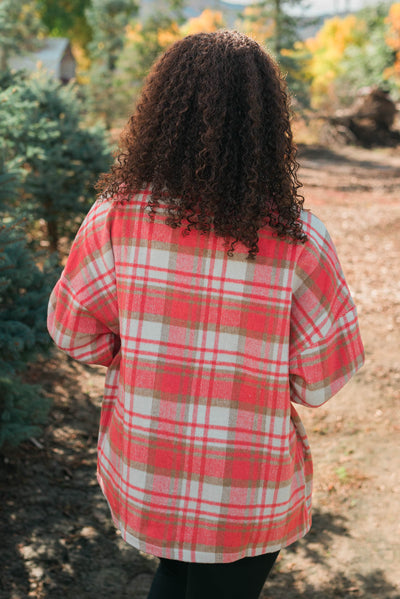 Back view of the coral plaid shacket