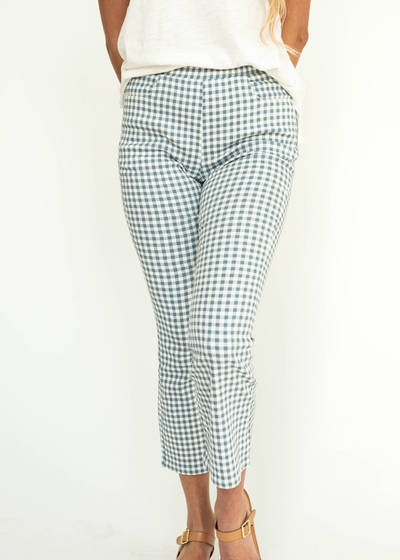 Ankle length checkered white and seafoam straight leg pants.