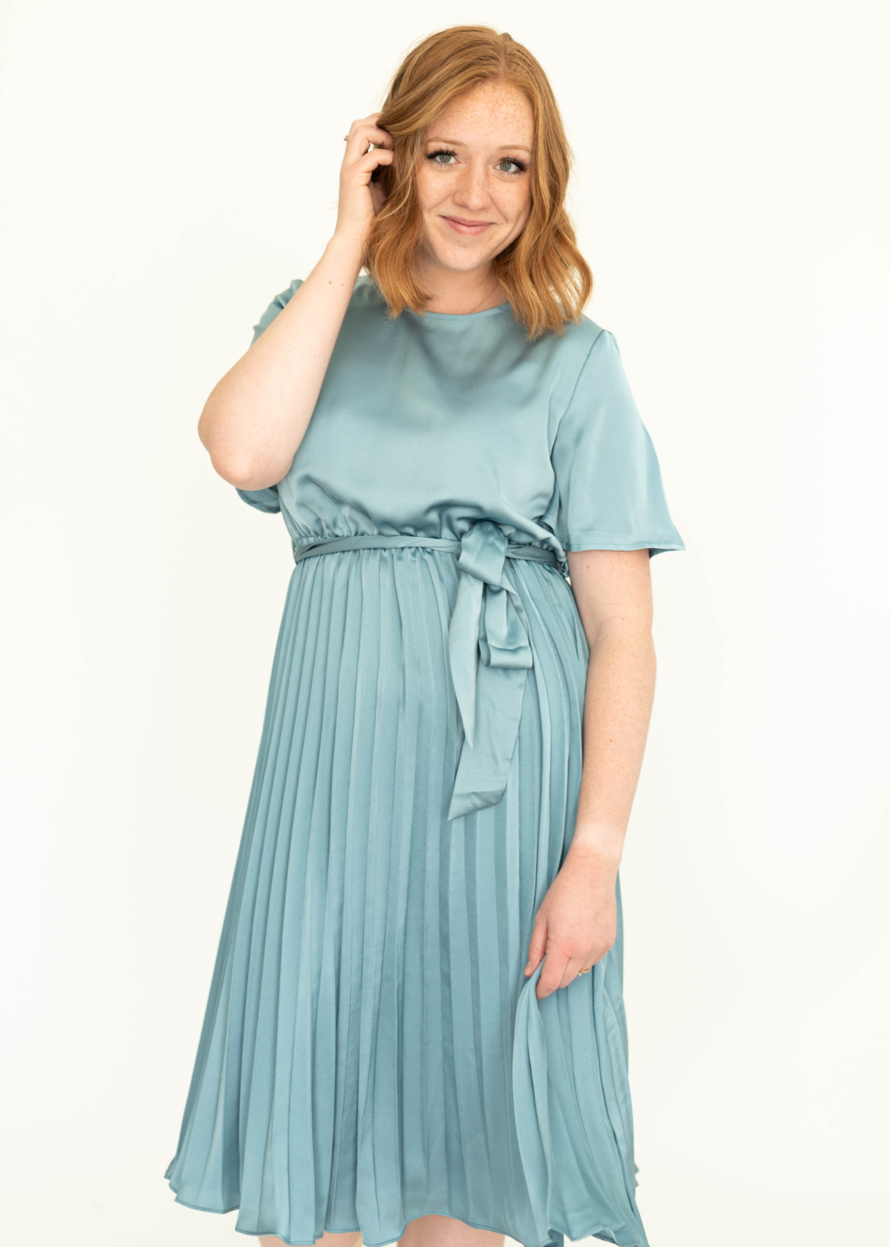 French blue short sleeve satin dress with pleated skirt