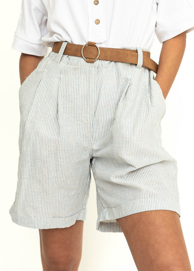 Front view of chambray shorts with a cuff.