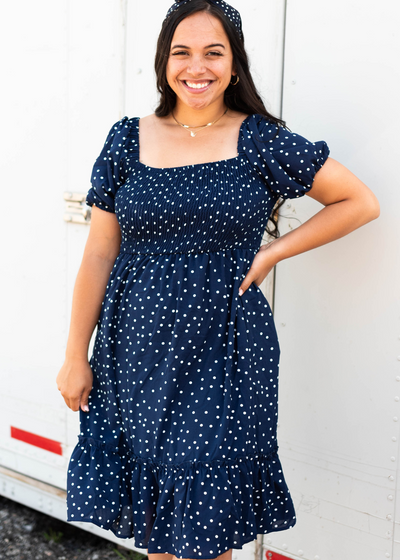 Navy square neck dress with short sleeve