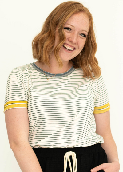 Stripe top with sage trim on neck and yellow trim on sleeve