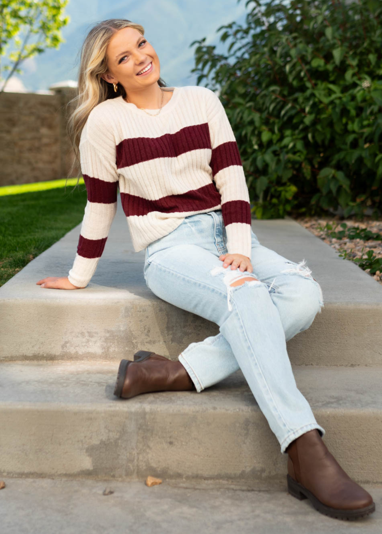 Raelyn Cream sweater with burgundy stripes