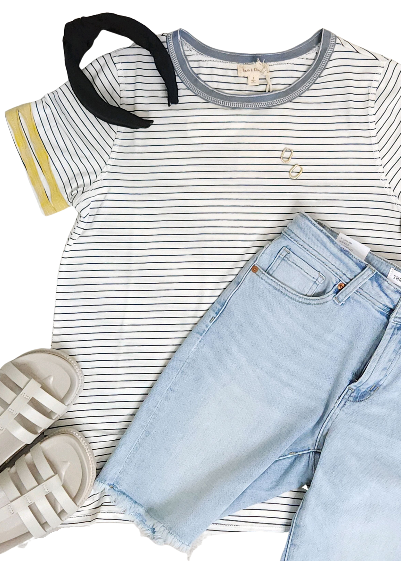 White Stripe T-shirt with yellow trim on sleeves paired with light wash denim shorts.