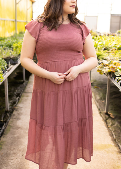 Cap sleeve plus size dusty mauve dress with smocked bodice