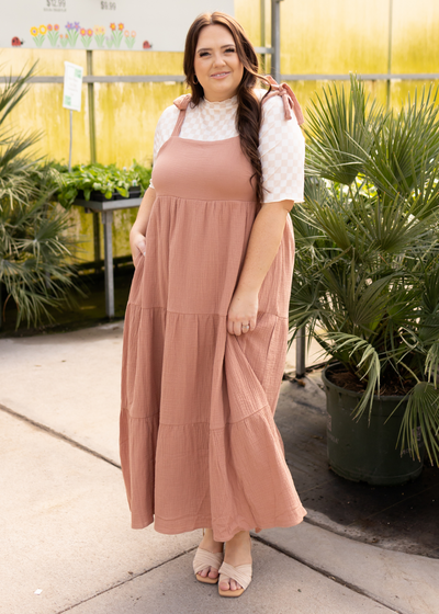 Plus size clay jumper dress with pockets and tiered skirt