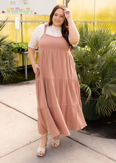 Plus size clay jumper dress with ties on the shoulders