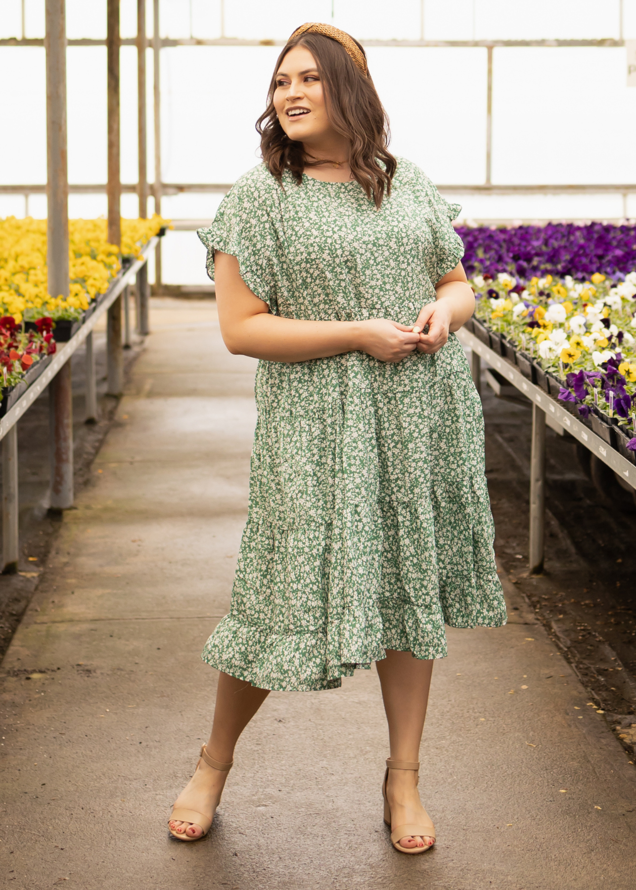 Plus size green floral dress with short sleeves