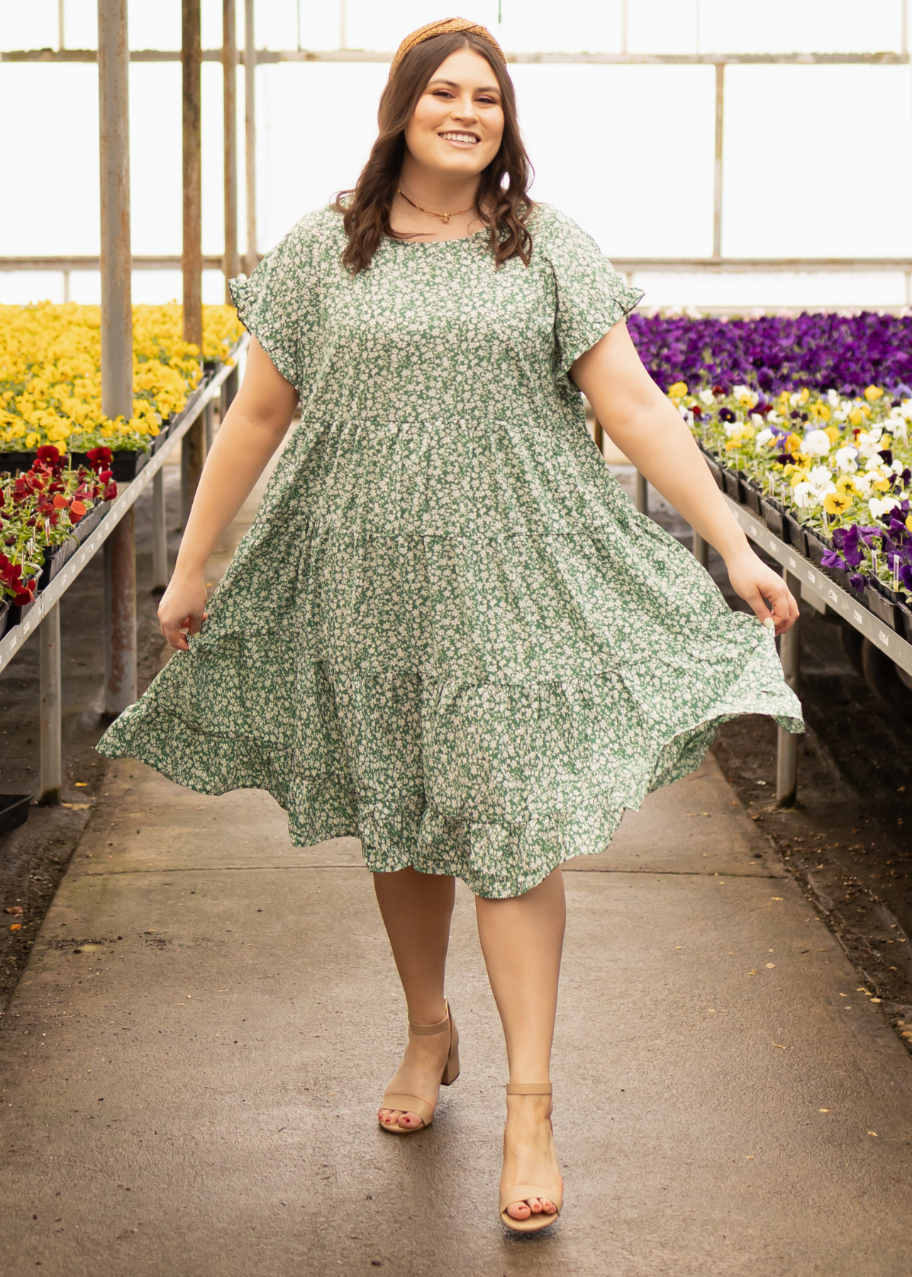 Plus size green floral dress with tiered skirt