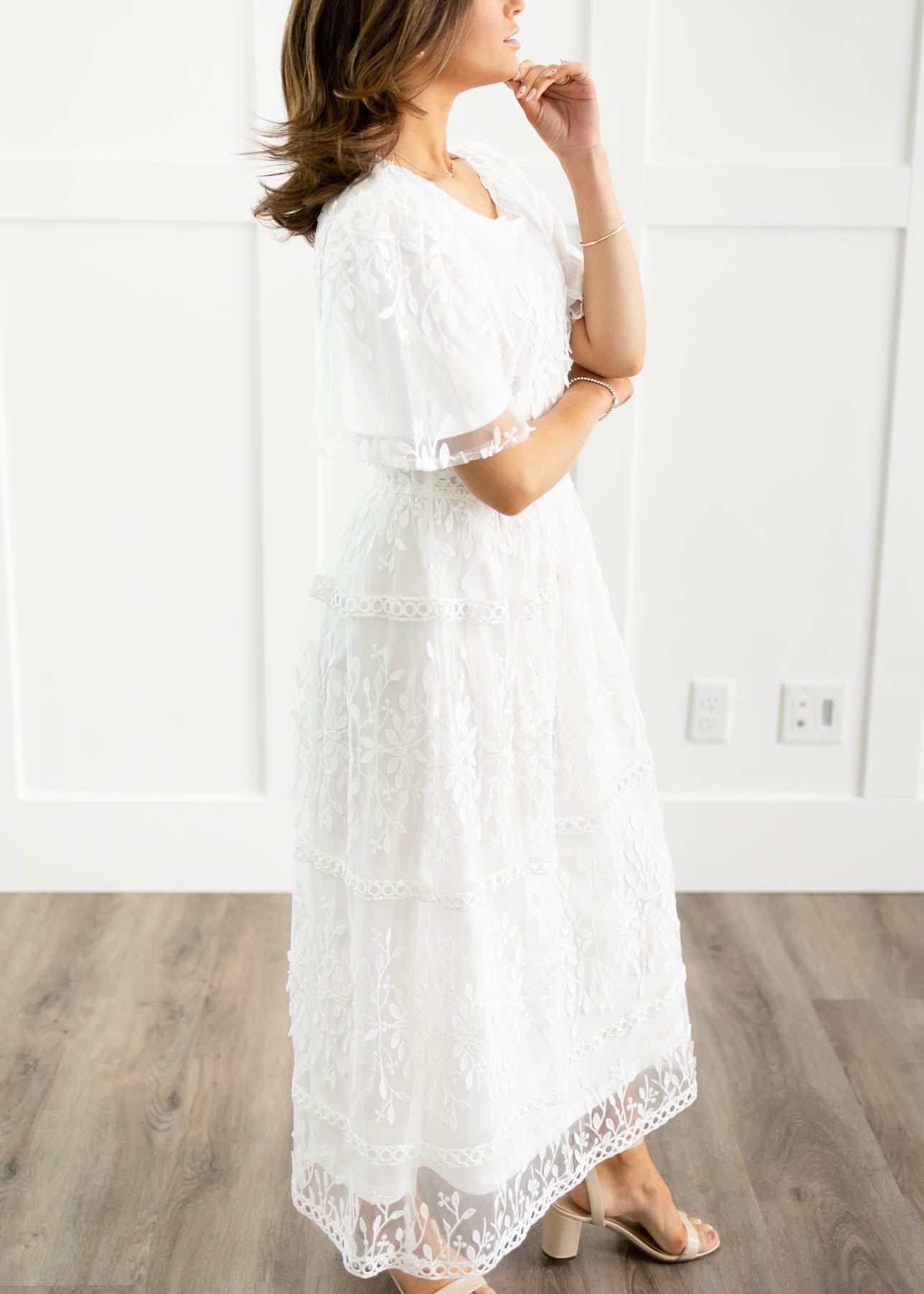 Side view of a white floral dress