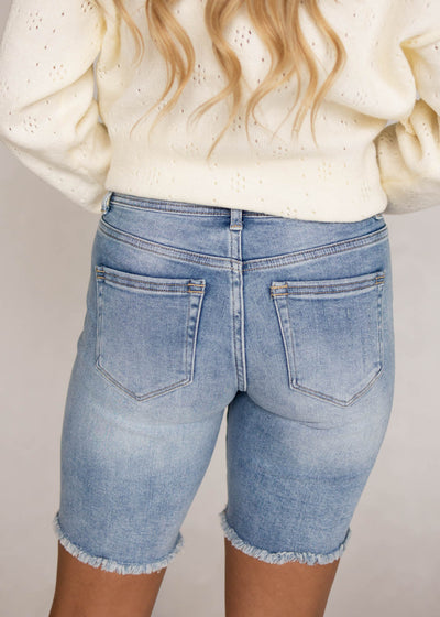 Back view of medium wash shorts