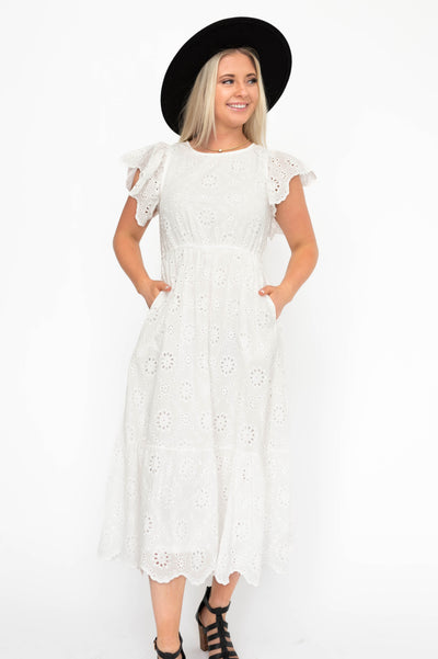 Short sleeve white eyelet dress