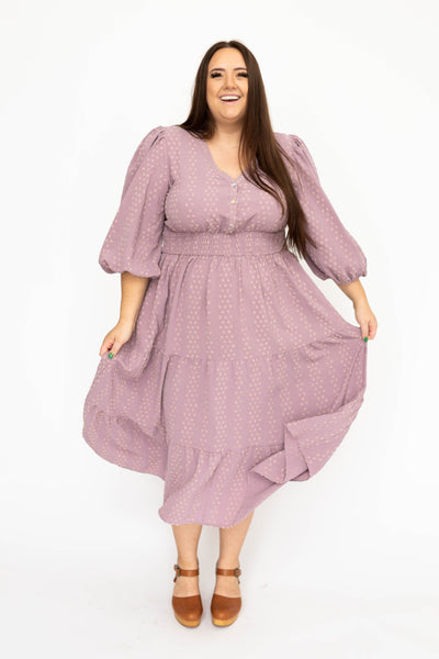 Plus size 3/4 sleeve lavender dress with buttons on the bodice