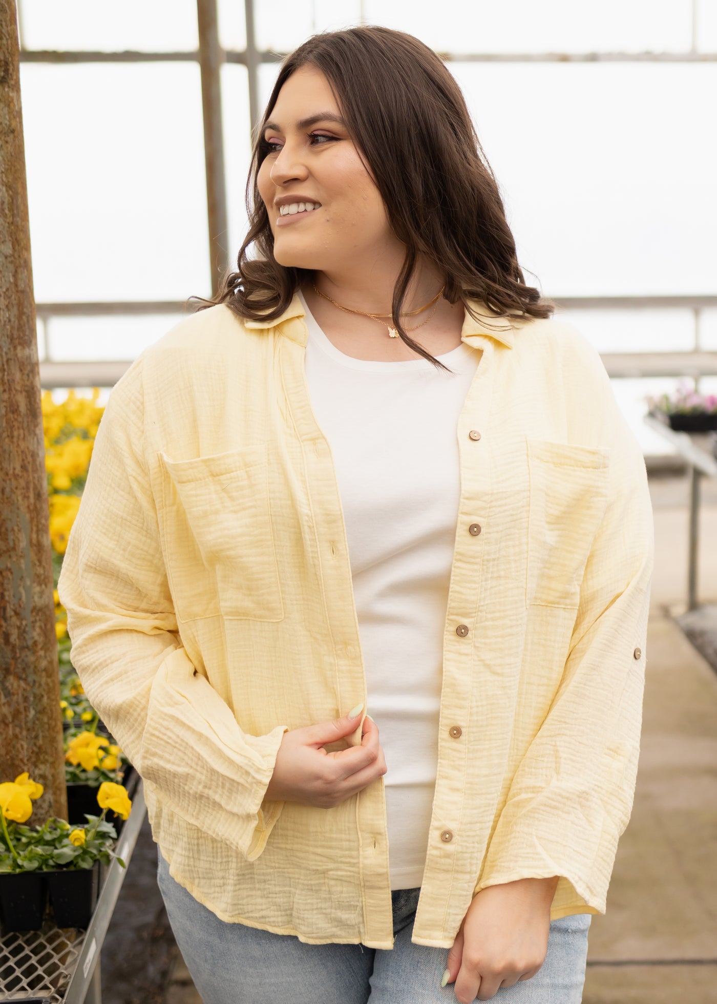 Plus size button up yellow top