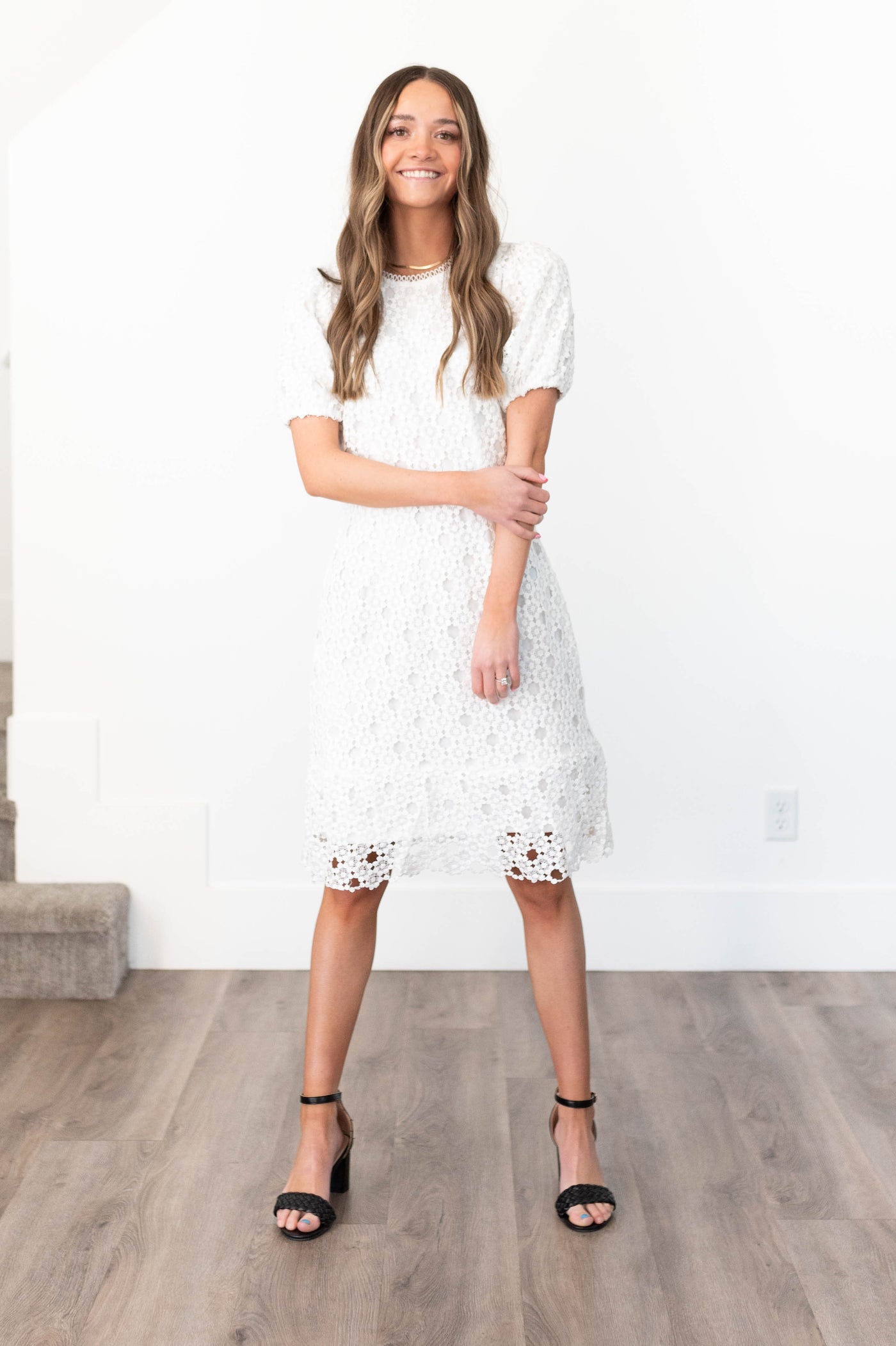 Knee length short sleeve white lace dress