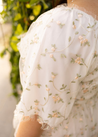 The sleeve of a plus size white floral dress