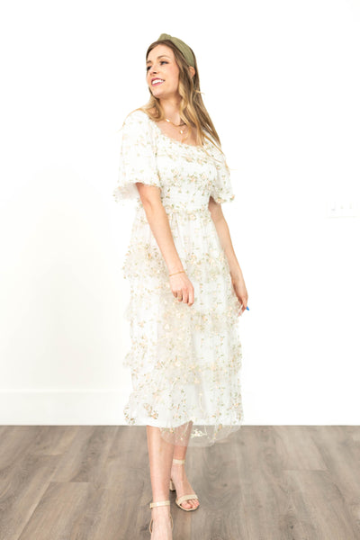 Short sleeve white floral dress with square neck