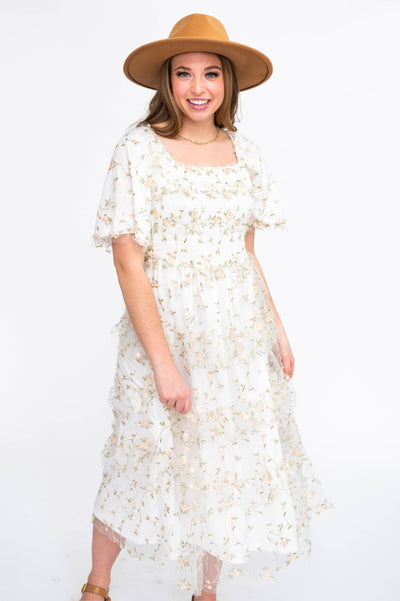 White floral dress with smocked bodice