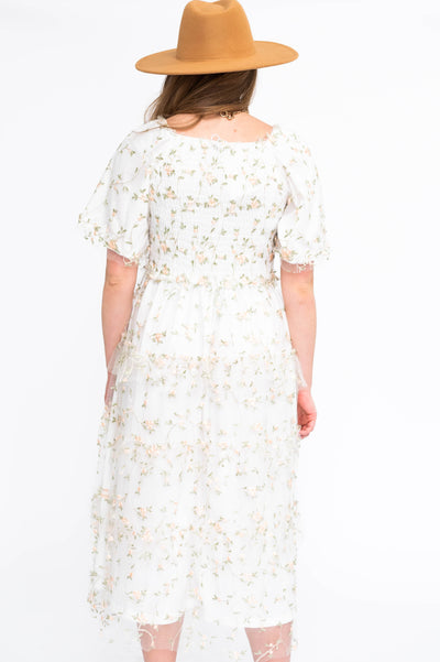 Back view of a white floral dress