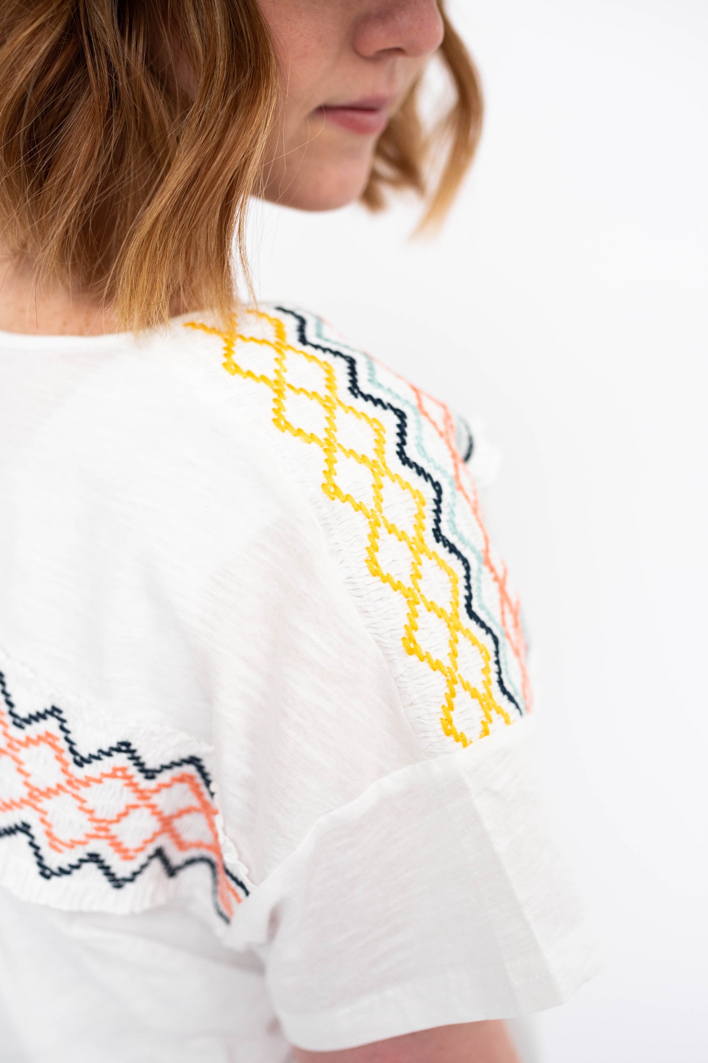 Pattern design on the sleeve of a white top