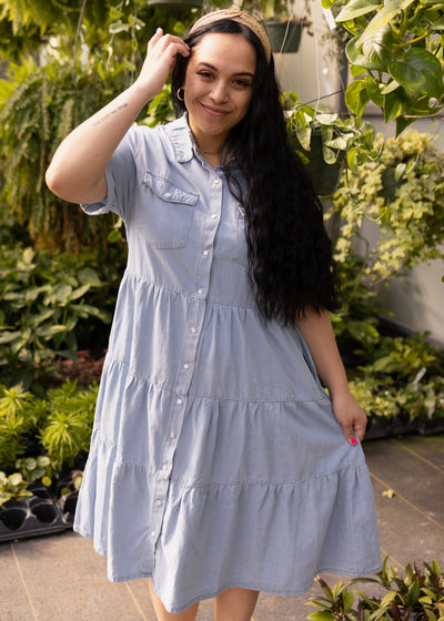 Button up denim dress with front pockets