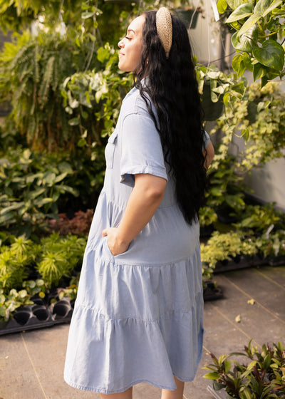 Side view of a large denim dress
