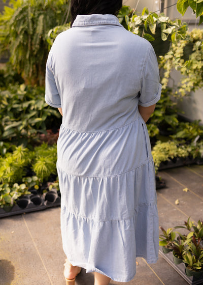 Back view of a short sleeve denim dress